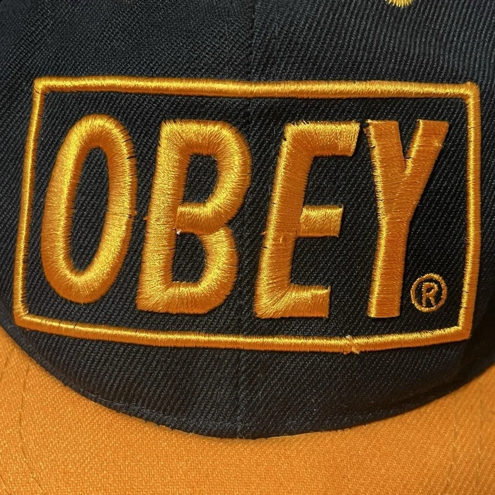 Vintage Obey Skateboarding Snapback Hat Black Yellow Orange One Size